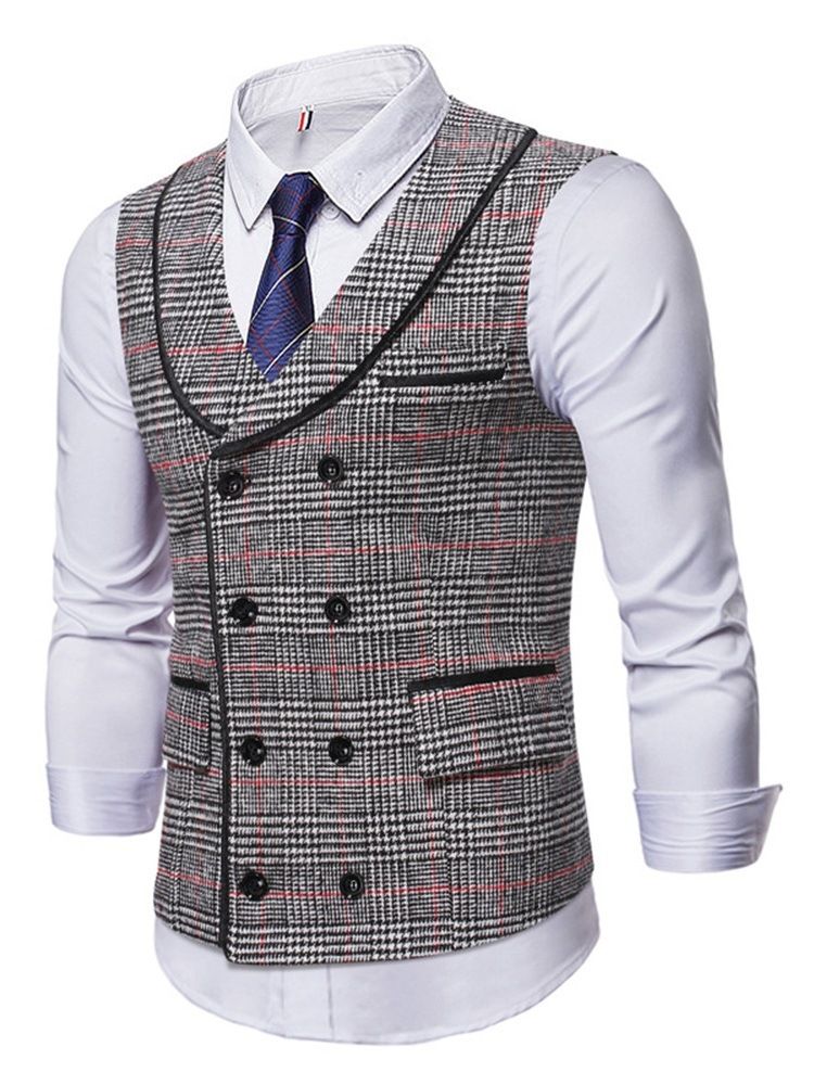 Lapel Pocket Plaid Fall Dobbelsneppet Vest