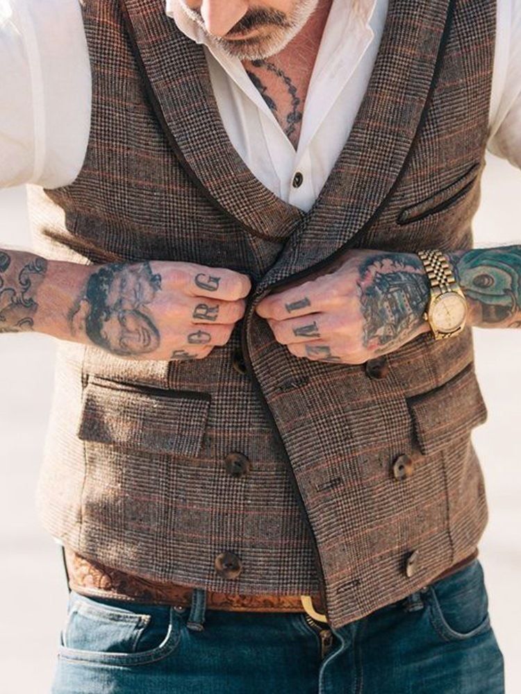 Lapel Pocket Plaid Fall Dobbelsneppet Vest