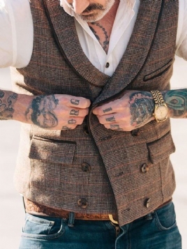 Lapel Pocket Plaid Fall Dobbelsneppet Vest