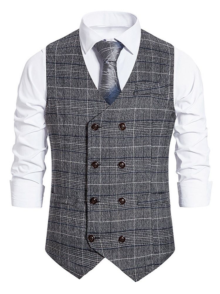 Plaid Print V-Hals Ol Dobbeltsneppet Vest