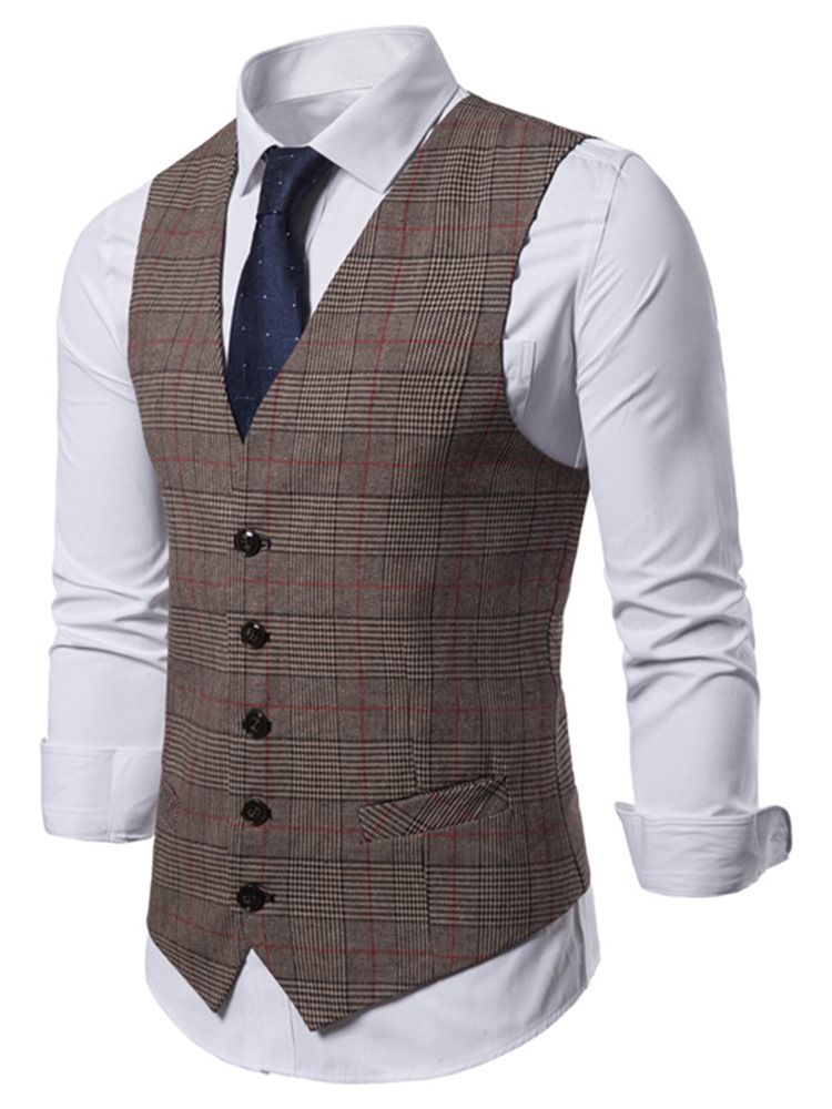 Rutet V-Hals Single-Breasted Menns Uformelle Vest