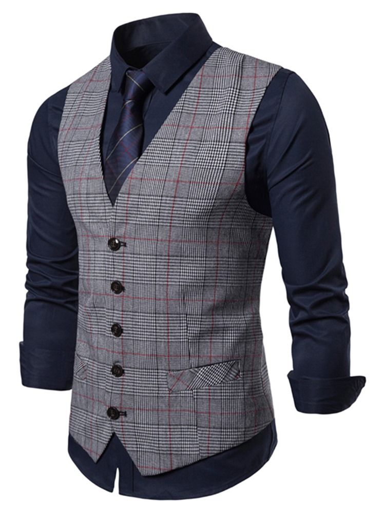 Rutet V-Hals Single-Breasted Menns Uformelle Vest