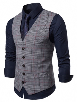 Rutet V-Hals Single-Breasted Menns Uformelle Vest