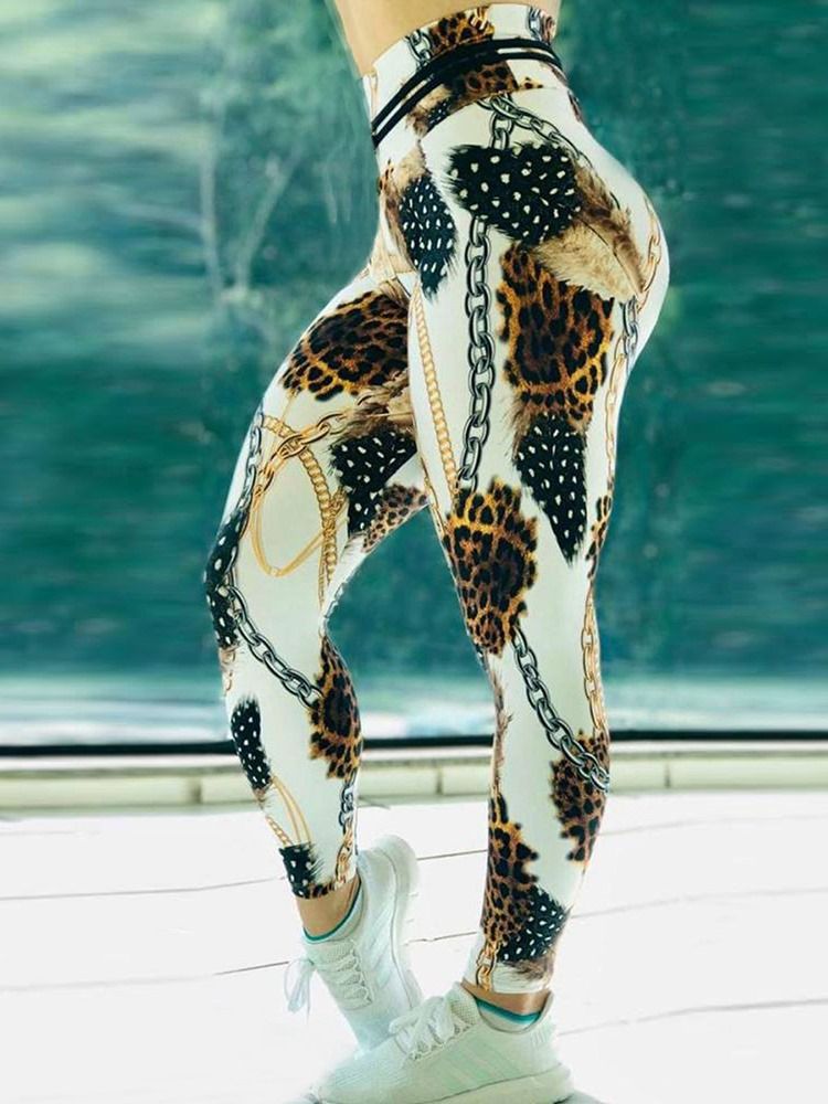 Kjede Leopard Print Color Block Høy Midje Leggings For Kvinner Yogabukser Høy Midje Tiktok Leggings