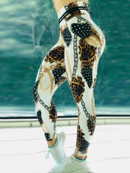 Kjede Leopard Print Color Block Høy Midje Leggings For Kvinner Yogabukser Høy Midje Tiktok Leggings