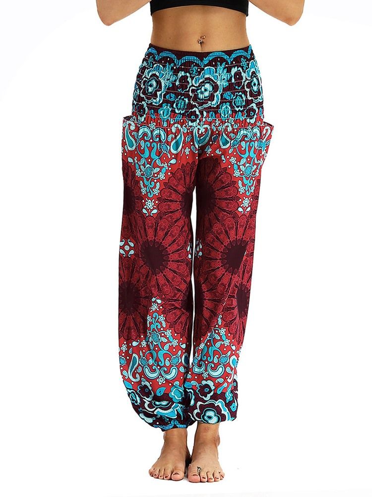 Print Floral Loose Yoga Elastisk Midjebukser