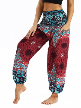 Print Floral Loose Yoga Elastisk Midjebukser