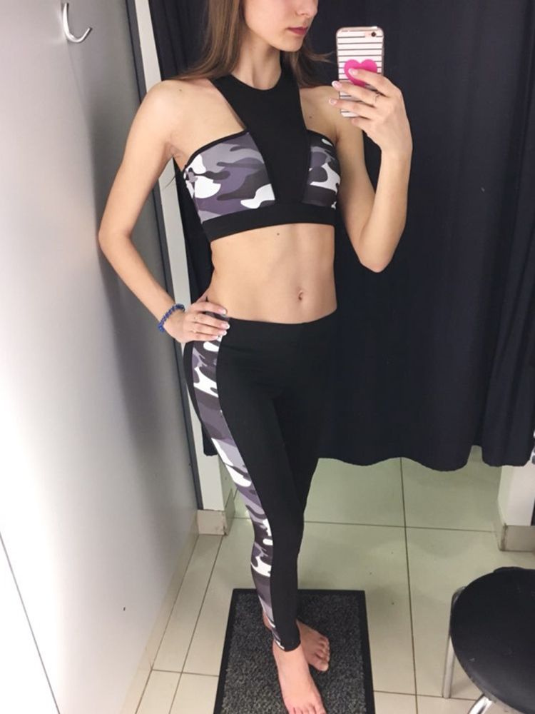 Skriv Ut Anti-Svette Camouflage Pullover Yoga Sports Sets