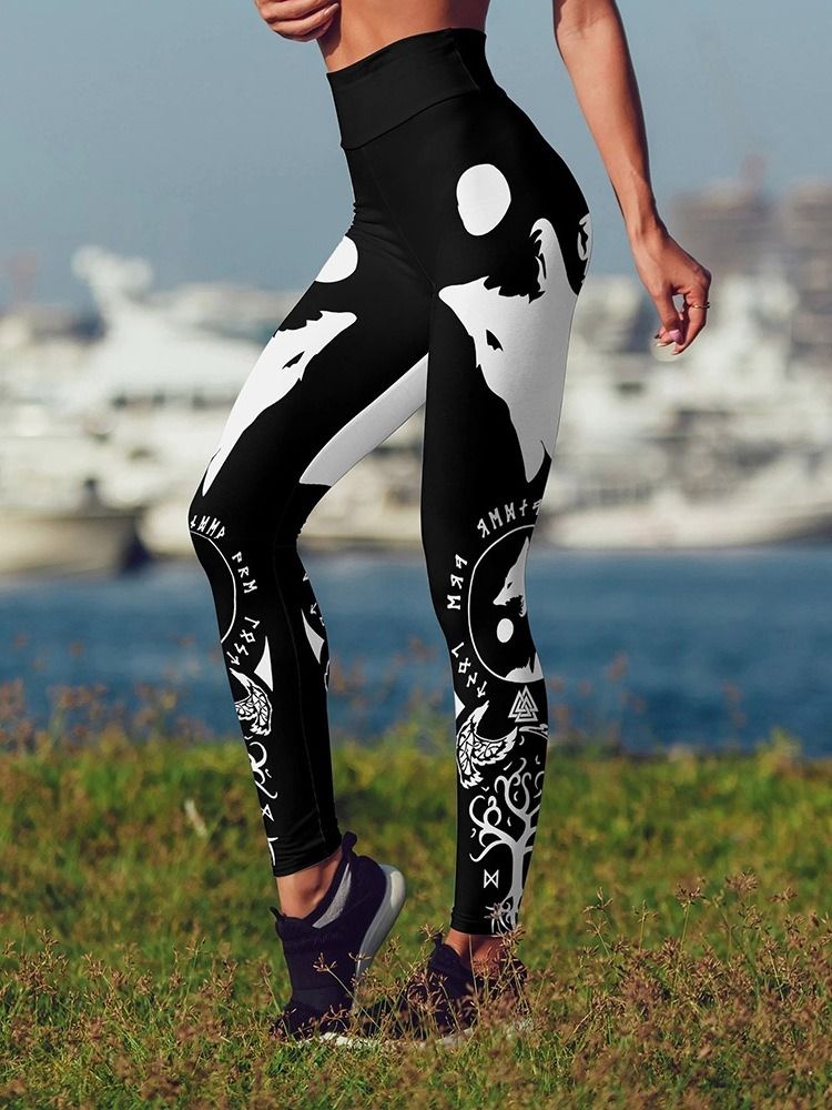 Sports Print Håndmalte Tiktok Leggings Med Høy Midje