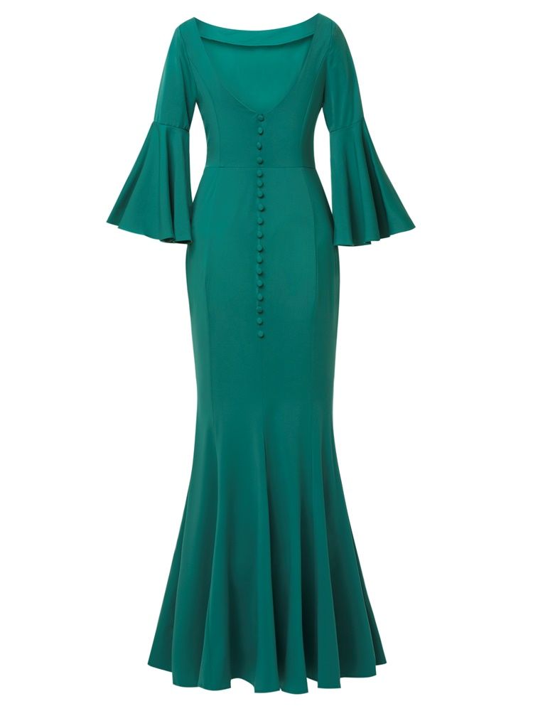 Bell Sleeve Backless Mermaid Maxi Dress