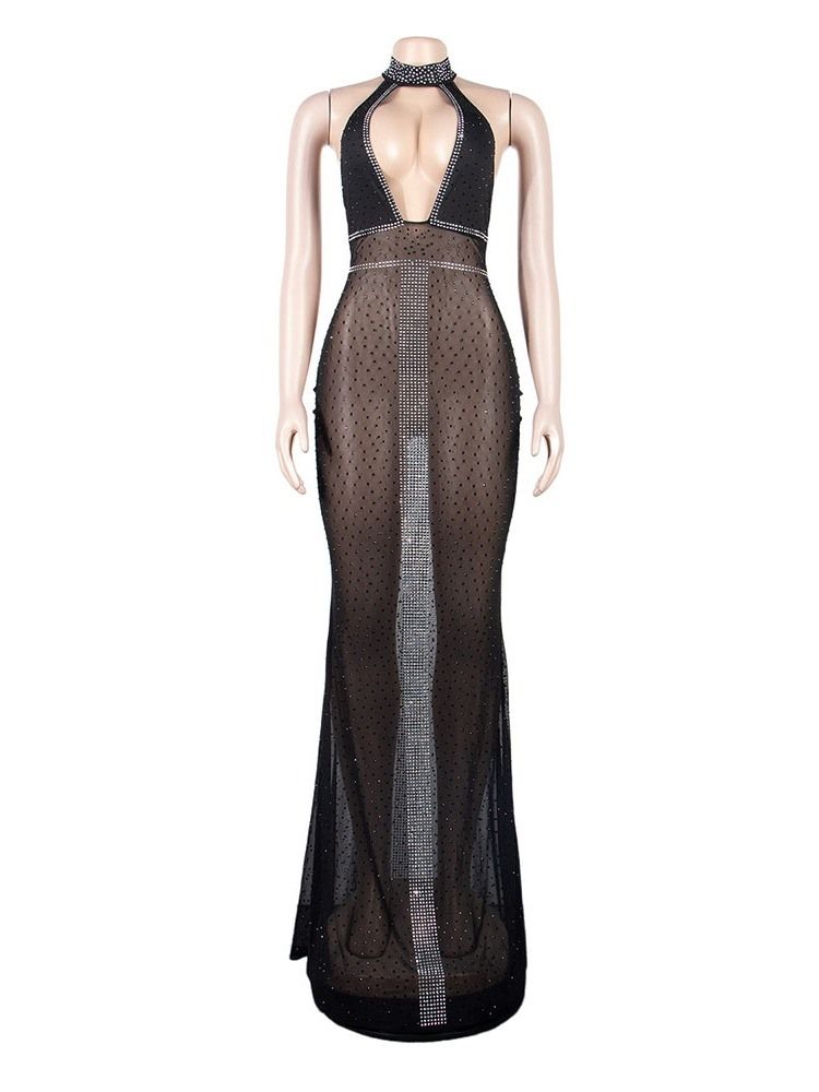 Ermeløs Deep-V See-Through Gulvlang Havfrue Western Maxi Dress