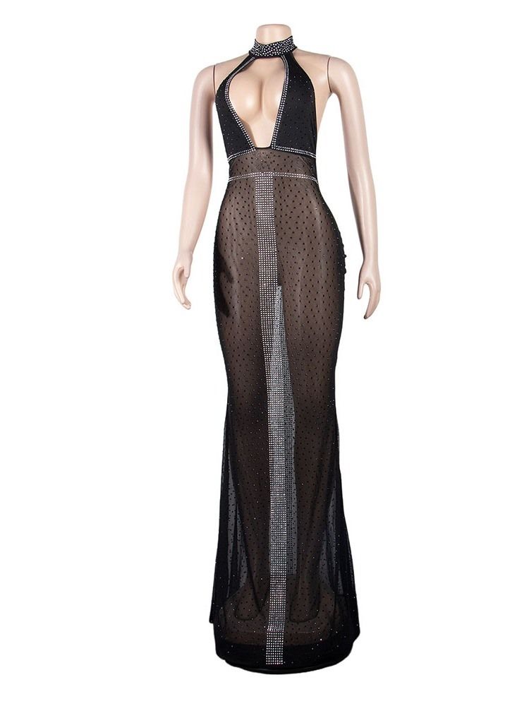 Ermeløs Deep-V See-Through Gulvlang Havfrue Western Maxi Dress