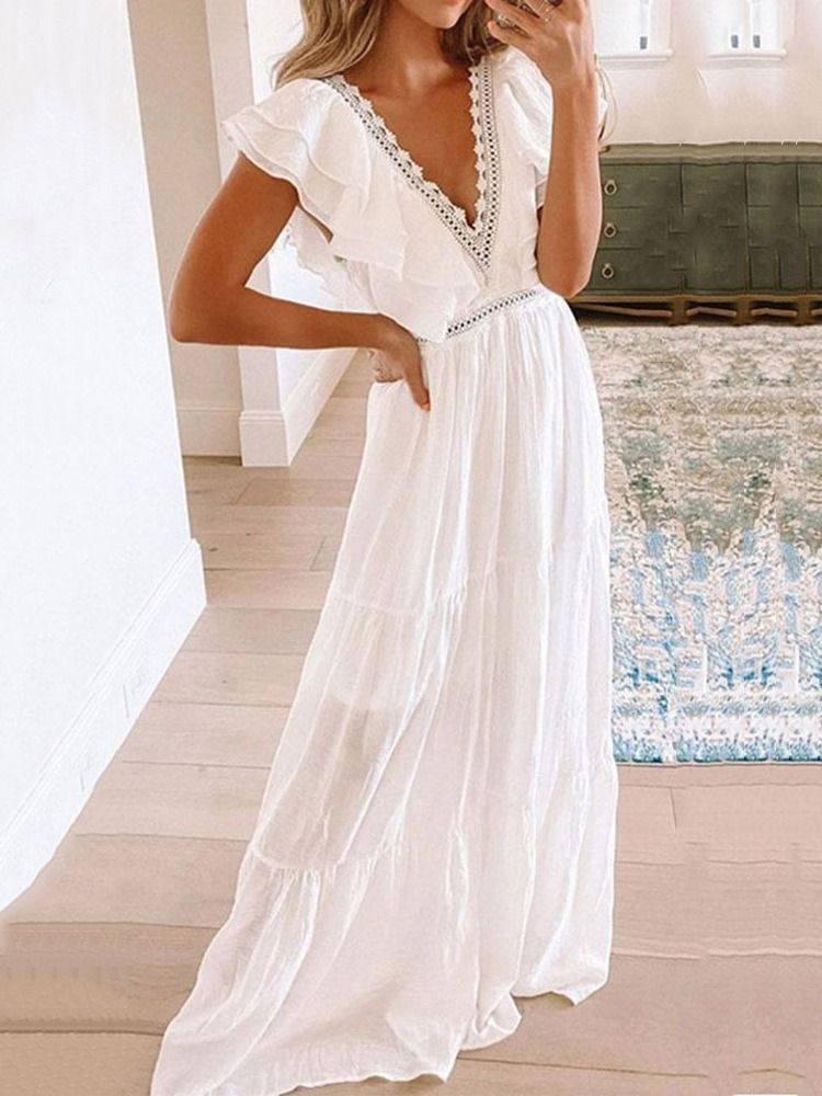 Gulvlang Kortermet Falbala Mid Waist White Maxi Dress