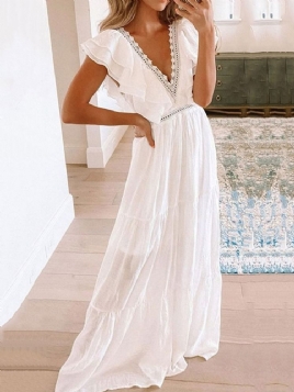 Gulvlang Kortermet Falbala Mid Waist White Maxi Dress