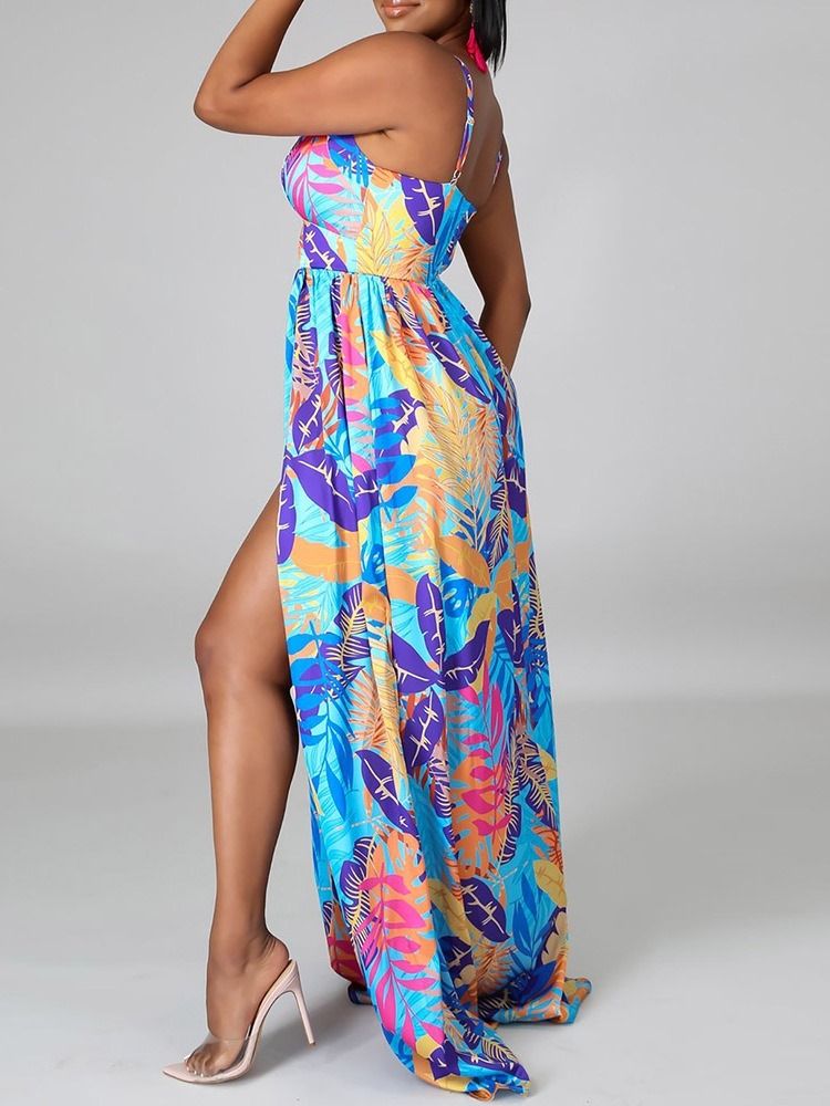 Gulvlang V-Hals Print Pullover Spaghetti Strap Maxi Dress