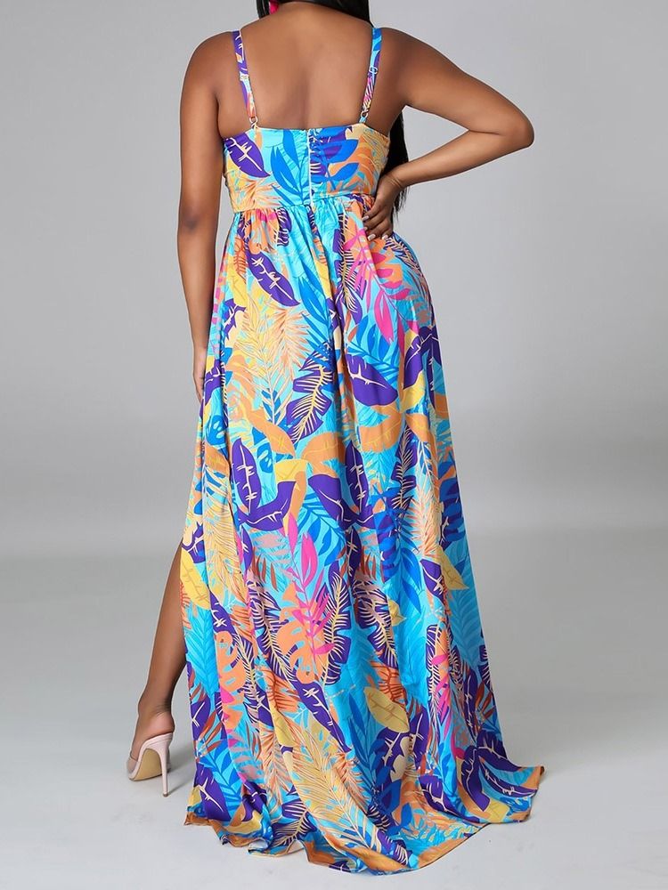 Gulvlang V-Hals Print Pullover Spaghetti Strap Maxi Dress