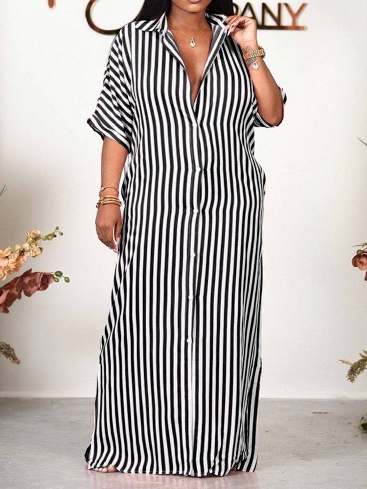 Gulvlangt Jakkeslag Trekvartsermet Stripe Office Lady Maxi Dress