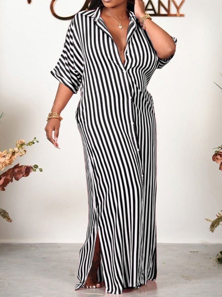 Gulvlangt Jakkeslag Trekvartsermet Stripe Office Lady Maxi Dress