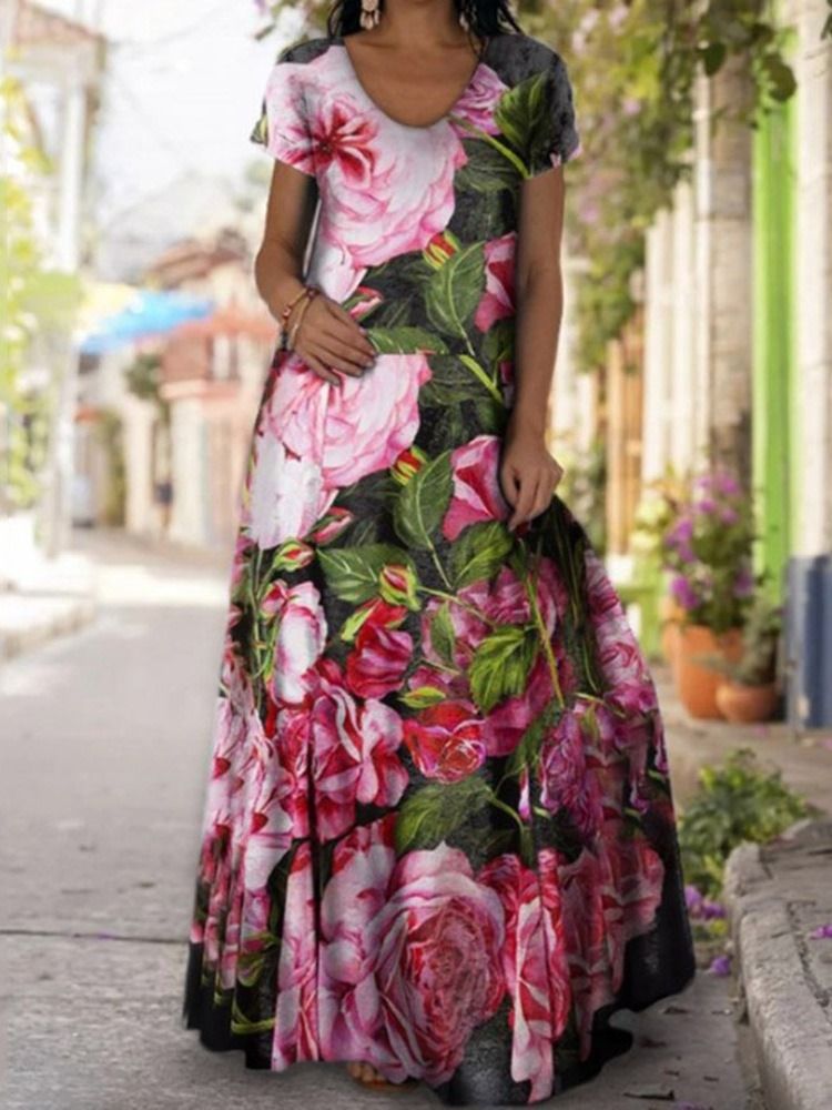 Gulvlangt Trykk Kortermet Utvidelse Floral Maxi Dress