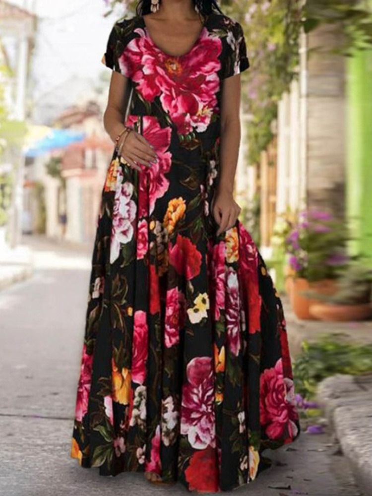 Gulvlangt Trykk Kortermet Utvidelse Floral Maxi Dress