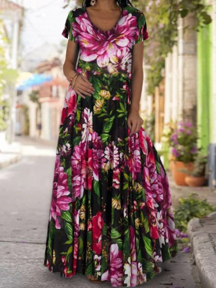 Gulvlangt Trykk Kortermet Utvidelse Floral Maxi Dress