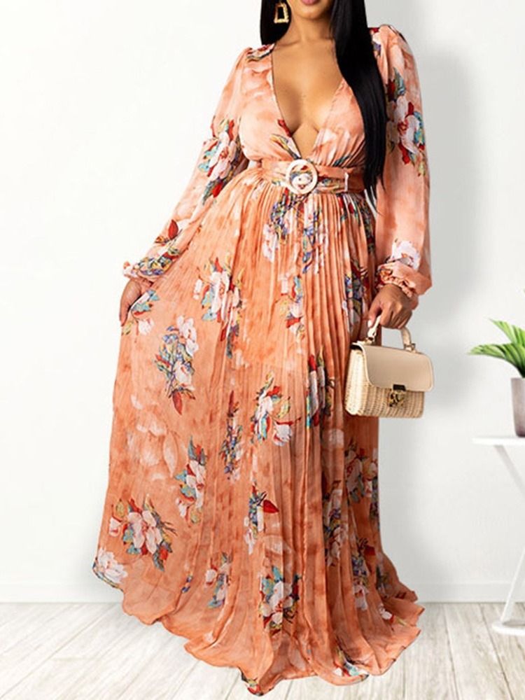 Gulvlangt Trykk V-Hals Utvidelsesgenser Floral Maxi Dress