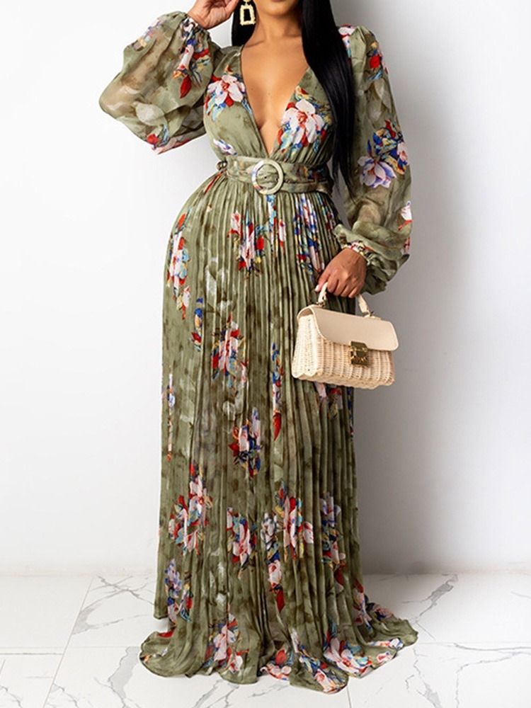 Gulvlangt Trykk V-Hals Utvidelsesgenser Floral Maxi Dress