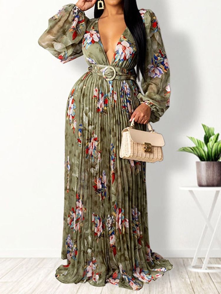 Gulvlangt Trykk V-Hals Utvidelsesgenser Floral Maxi Dress