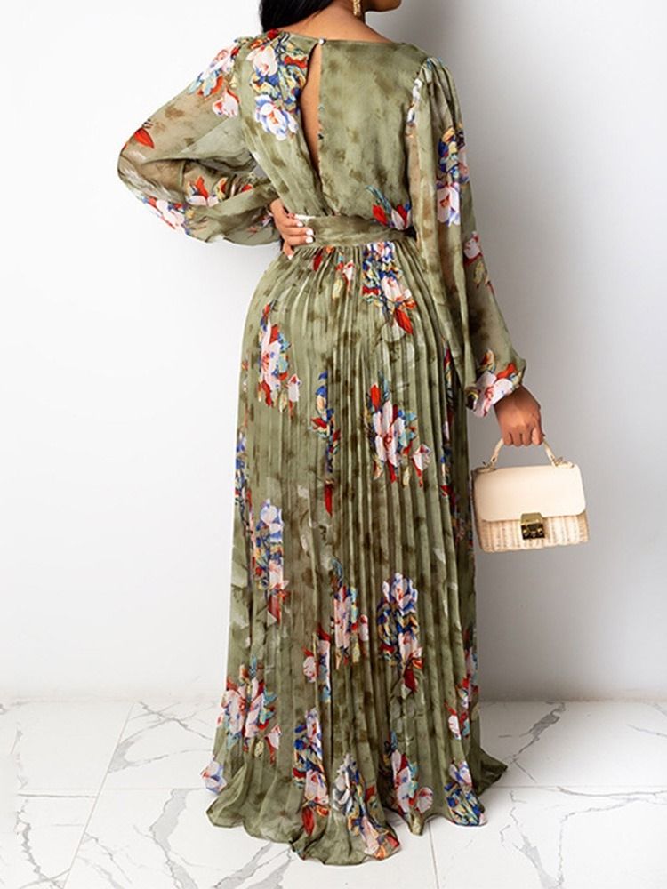 Gulvlangt Trykk V-Hals Utvidelsesgenser Floral Maxi Dress