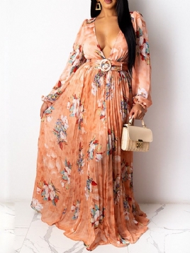 Gulvlangt Trykk V-Hals Utvidelsesgenser Floral Maxi Dress