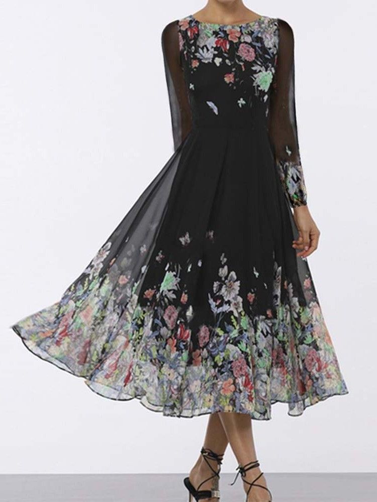 Langermet Print Mid-Calf Mid Waist Floral Dress