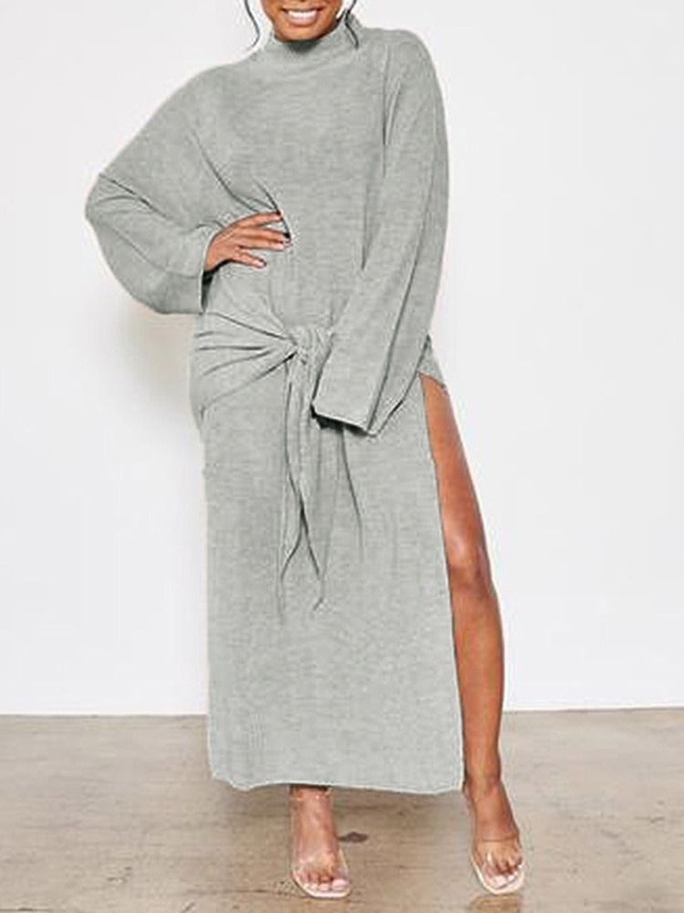 Langermet Turtleneck Split Plain Pullover Dress