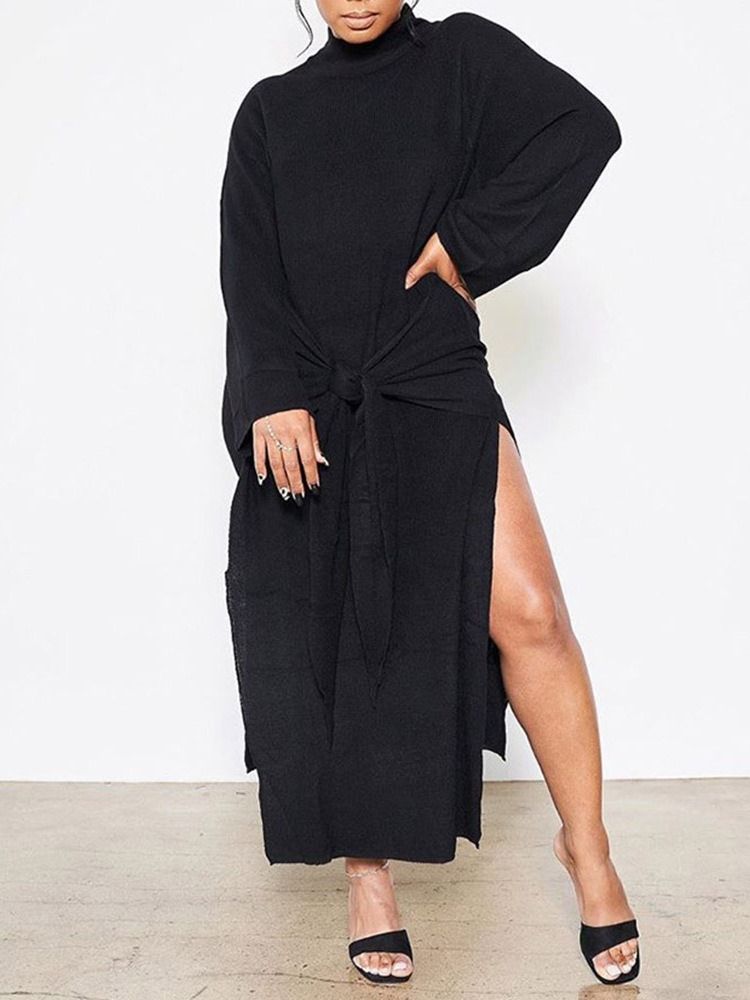 Langermet Turtleneck Split Plain Pullover Dress