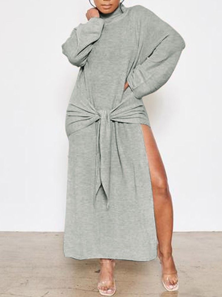 Langermet Turtleneck Split Plain Pullover Dress