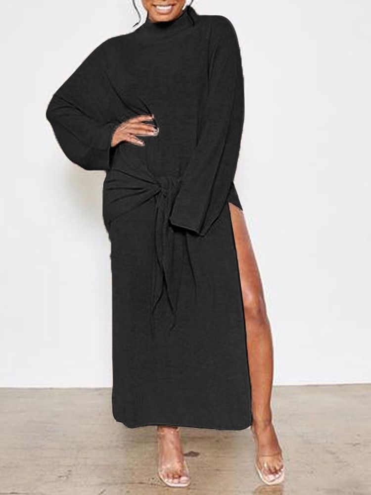 Langermet Turtleneck Split Plain Pullover Dress