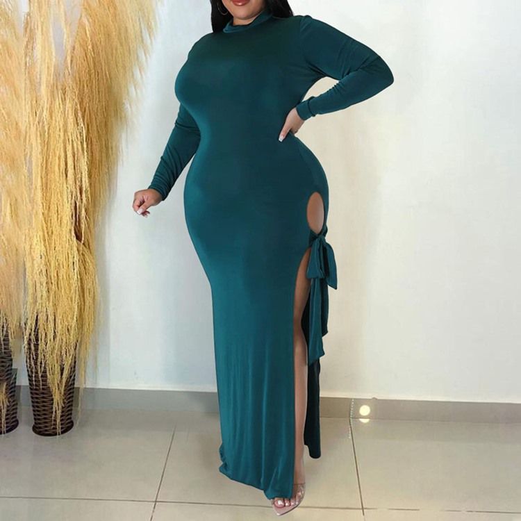 Plus Size Split Langermet Gulvlang Western Pullover Maxi Dress