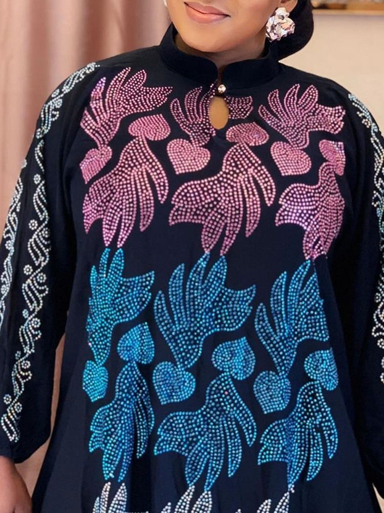 Rhinestone Gulvlang Stativ Krage Pullover Høy Midje Kjole