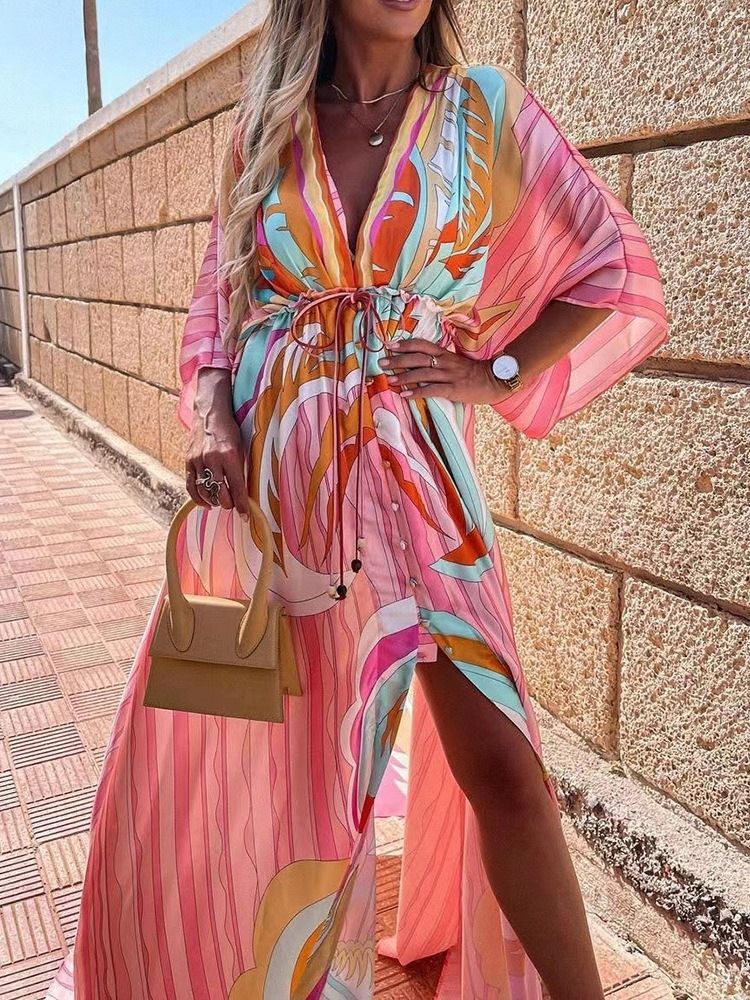 V-Hals Blonder Med Ni Poengs Ermer Single-Breasted Floral Maxi Dress