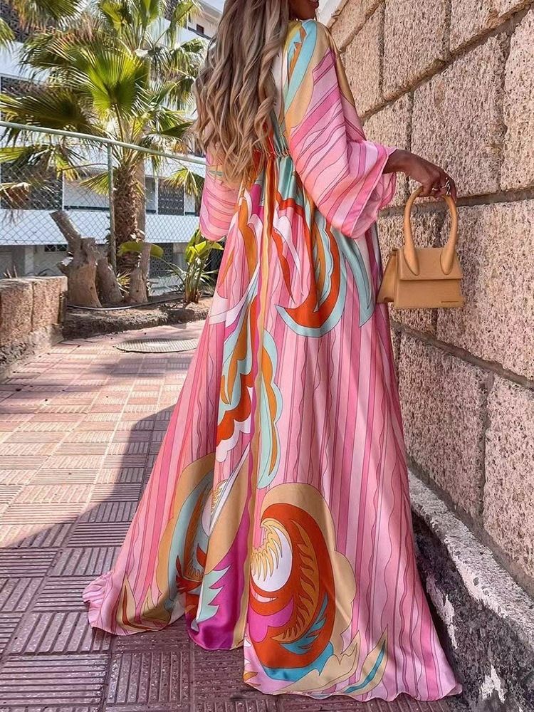 V-Hals Blonder Med Ni Poengs Ermer Single-Breasted Floral Maxi Dress