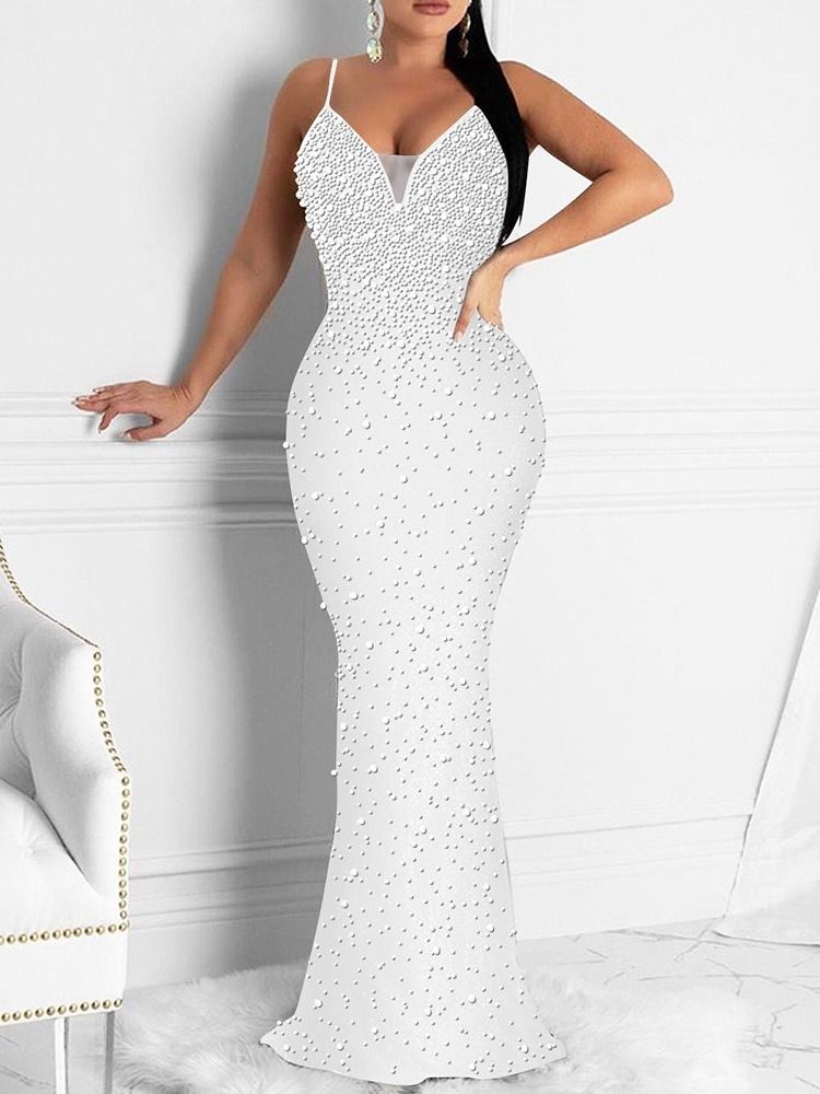 V-Hals Ermeløs Rhinestone Summer Mermaid Maxi Dress