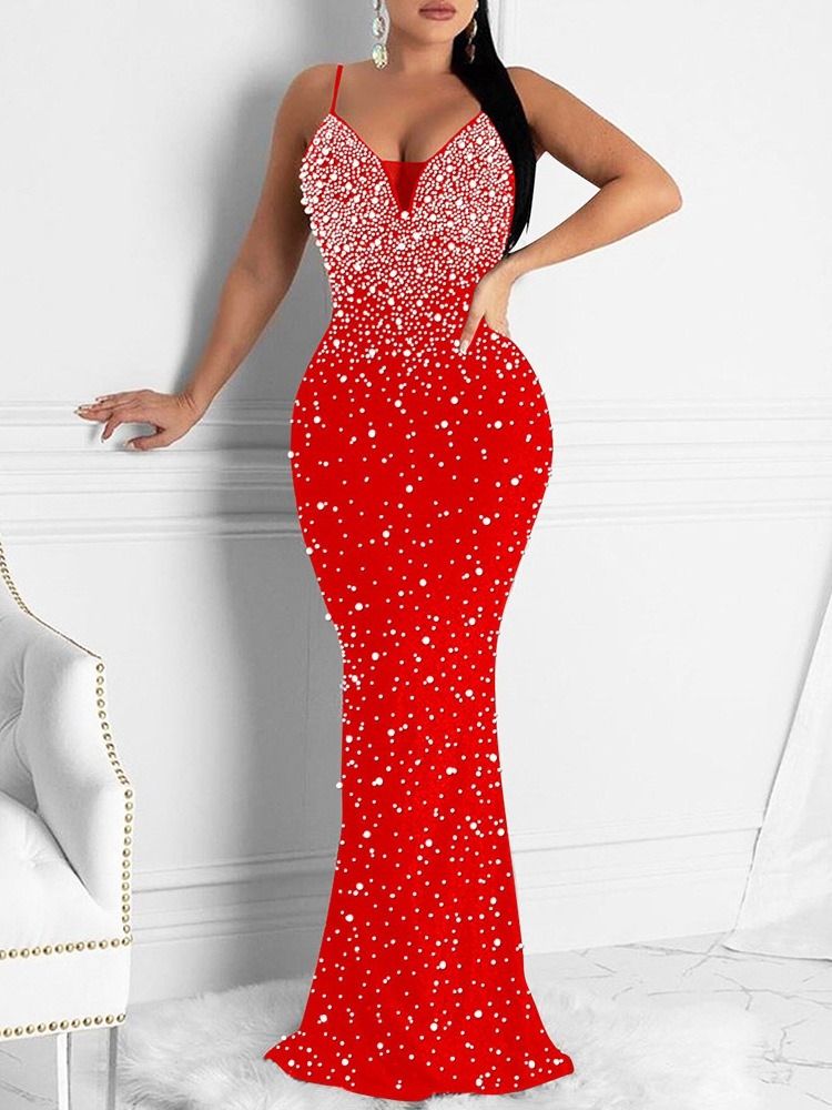 V-Hals Ermeløs Rhinestone Summer Mermaid Maxi Dress