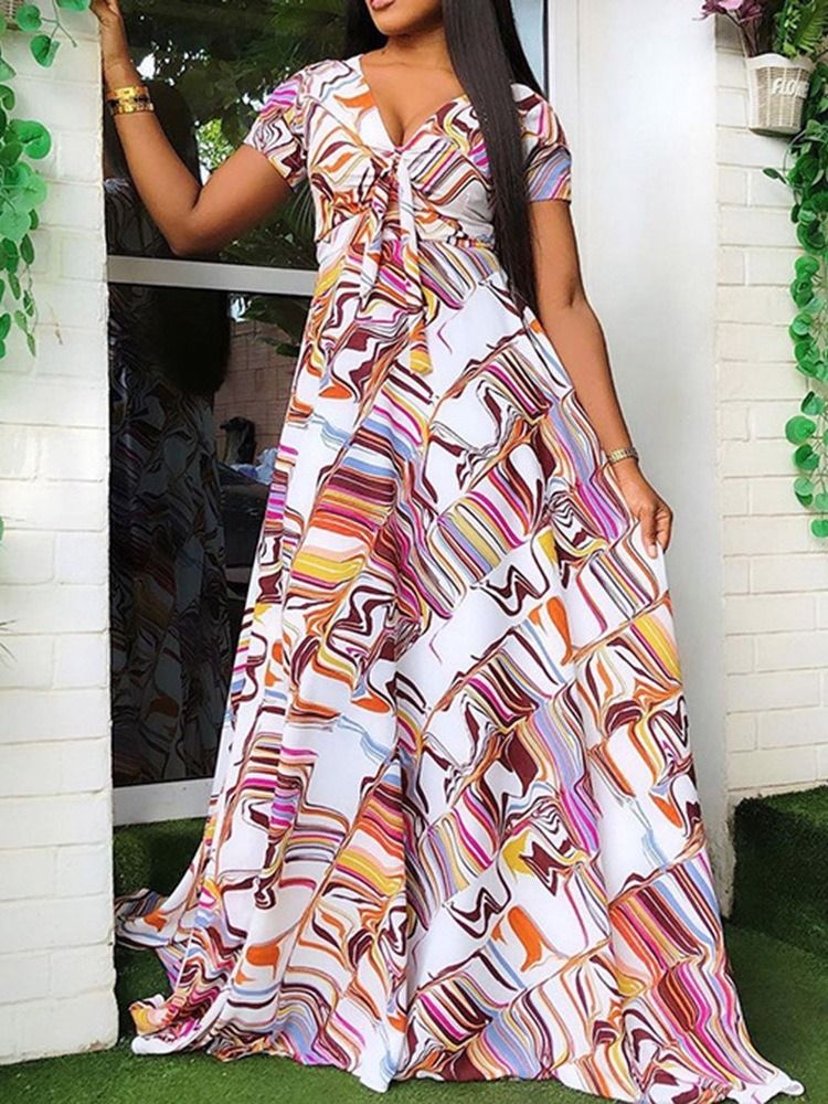 V-Hals Lomme Gulvlang Color Block Maxi Dress